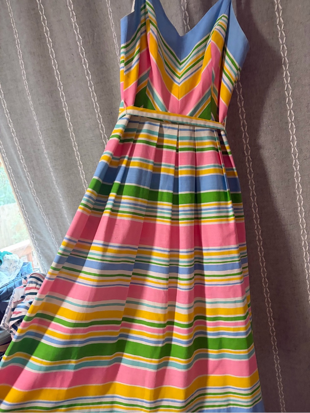 Vintage Striped V-Neck Midi Dress in Pink, Blue & Green